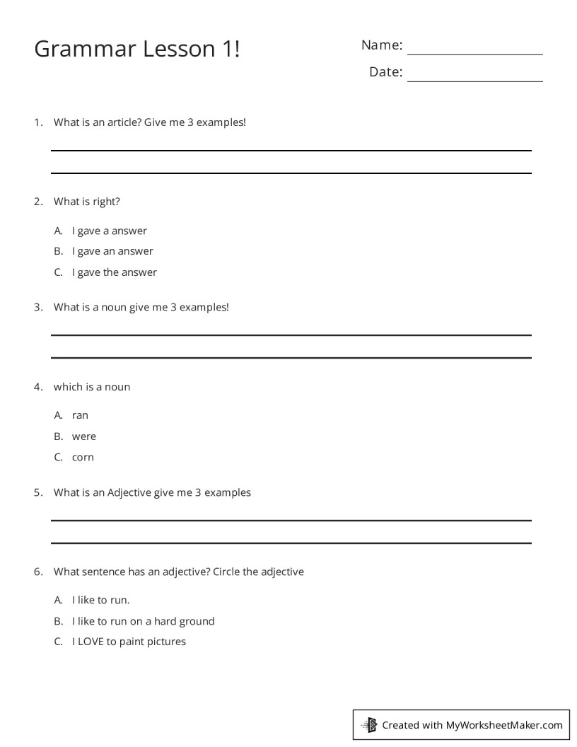 Grammar Lesson 1 My Worksheet Maker Create Your Own Worksheets
