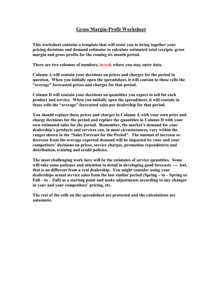 Gross Margin Profit Worksheet Gross Margin Profit Worksheet