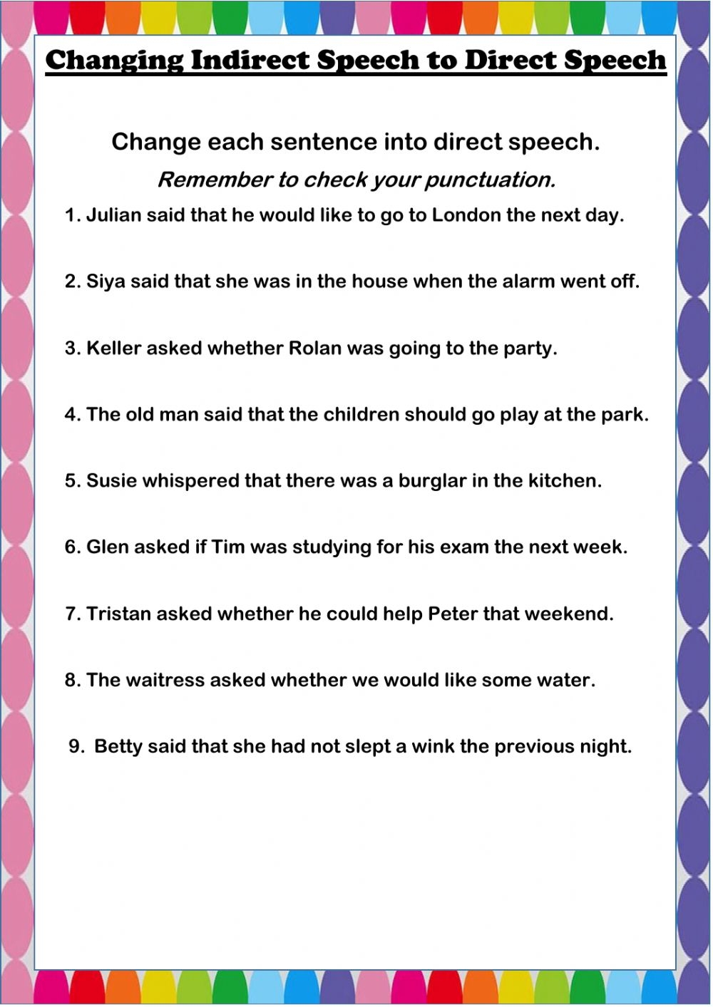 Indirect To Direct Speech Interactive Worksheet TraingleWorksheets