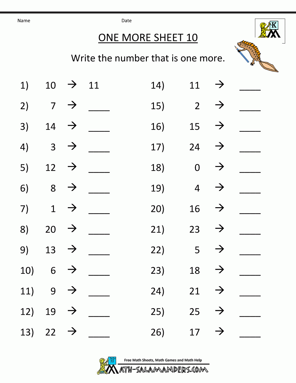 Kindergarten Math Worksheets Printable One More