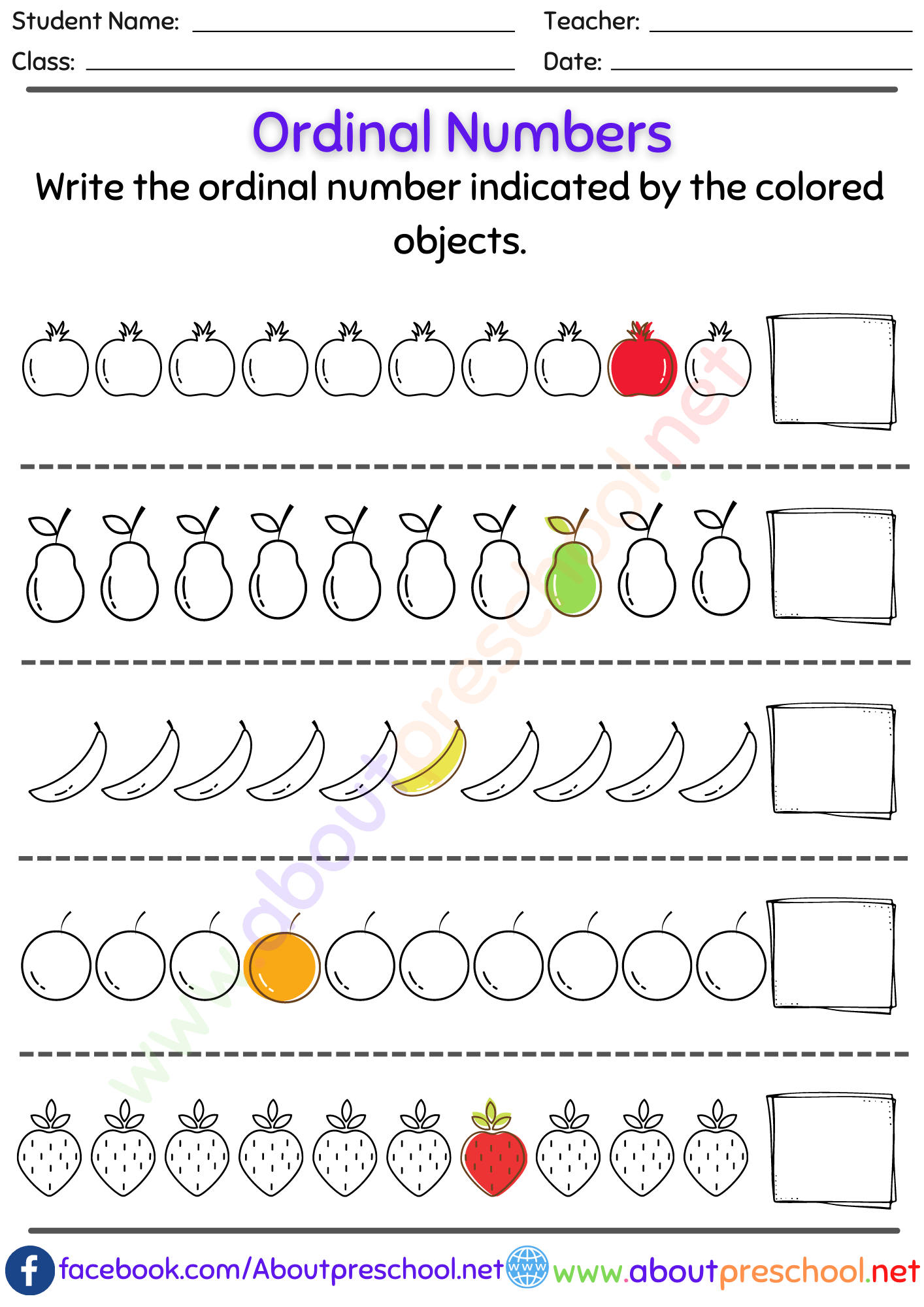 Kindergarten Or Grade 1 Ordinal Numbers Worksheet For Learning Numbers