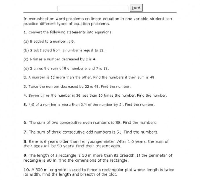 Linear Equations Word Problems Worksheet Pdf Printable PDF Template