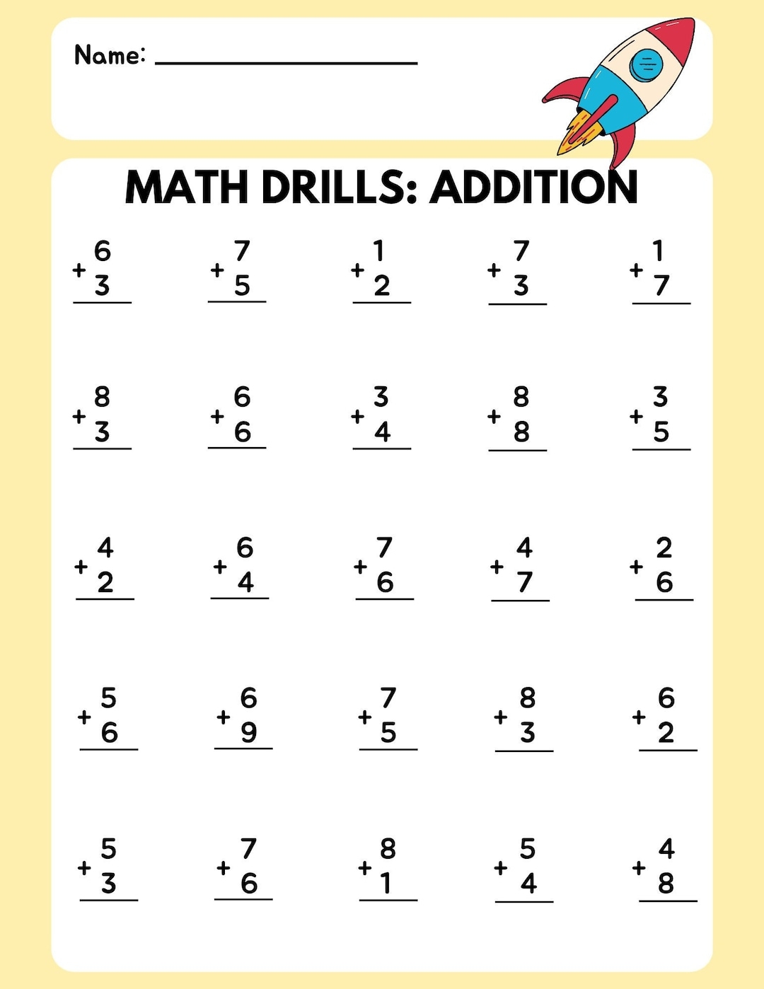 Math Drill Addition Worksheet 3 Etsy