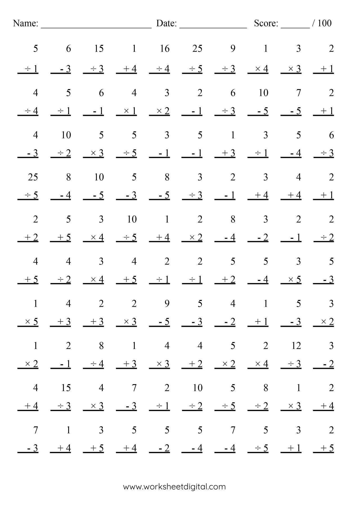 Math Drills Mixed Operation Worksheets Library