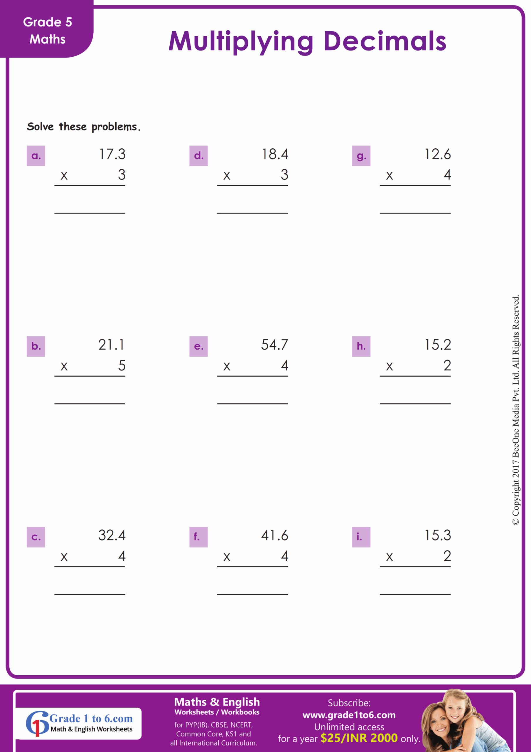 Multiplication Of Decimals Worksheet Grade1to6 Worksheets Library
