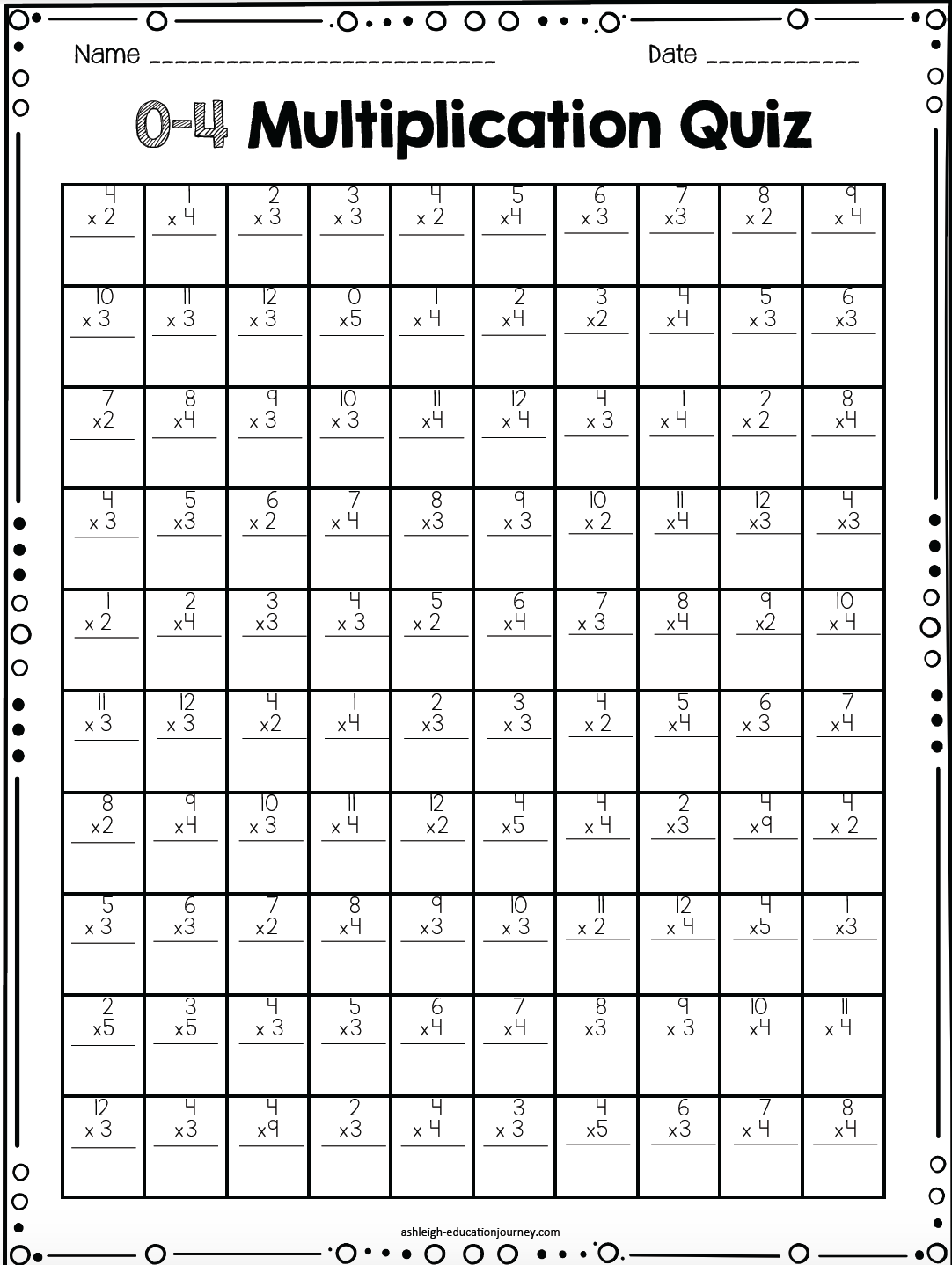 Multiplication Practice Sheets 4th Grade