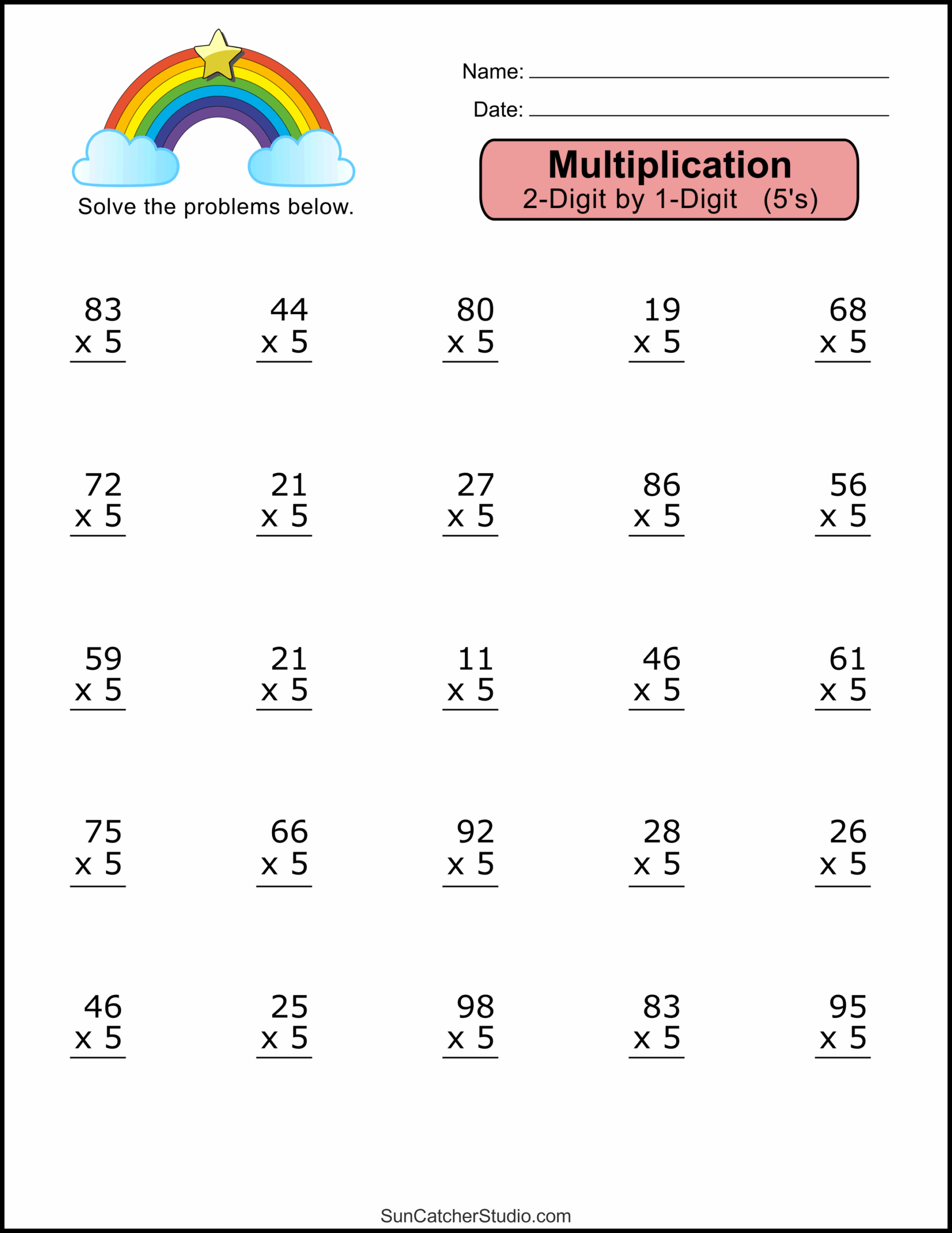 Multiplication Worksheets 2 Digit By 1 Digit Math Drills Free 