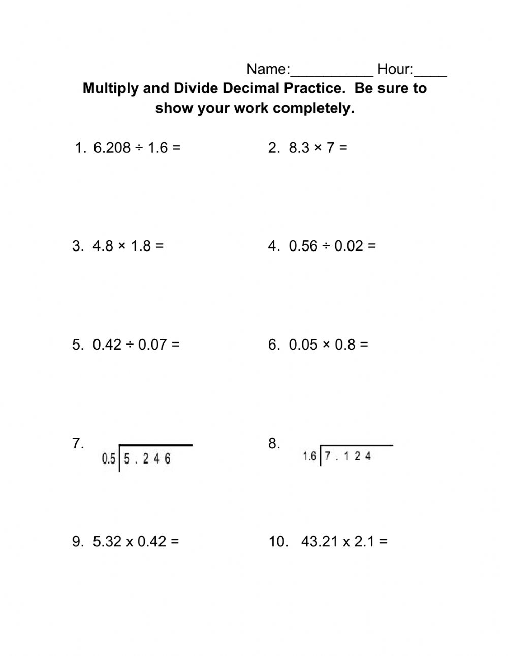 Multiplying And Dividing Decimals Worksheets Printable Worksheets