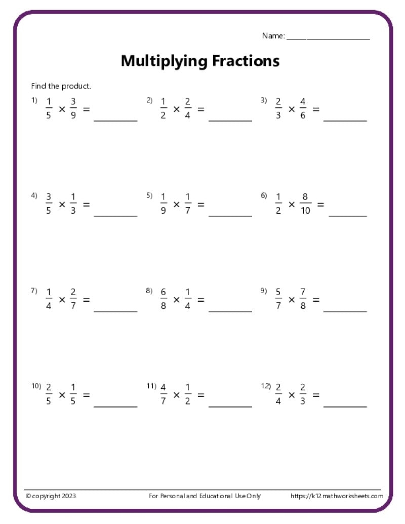 Multiplying Fractions Worksheets