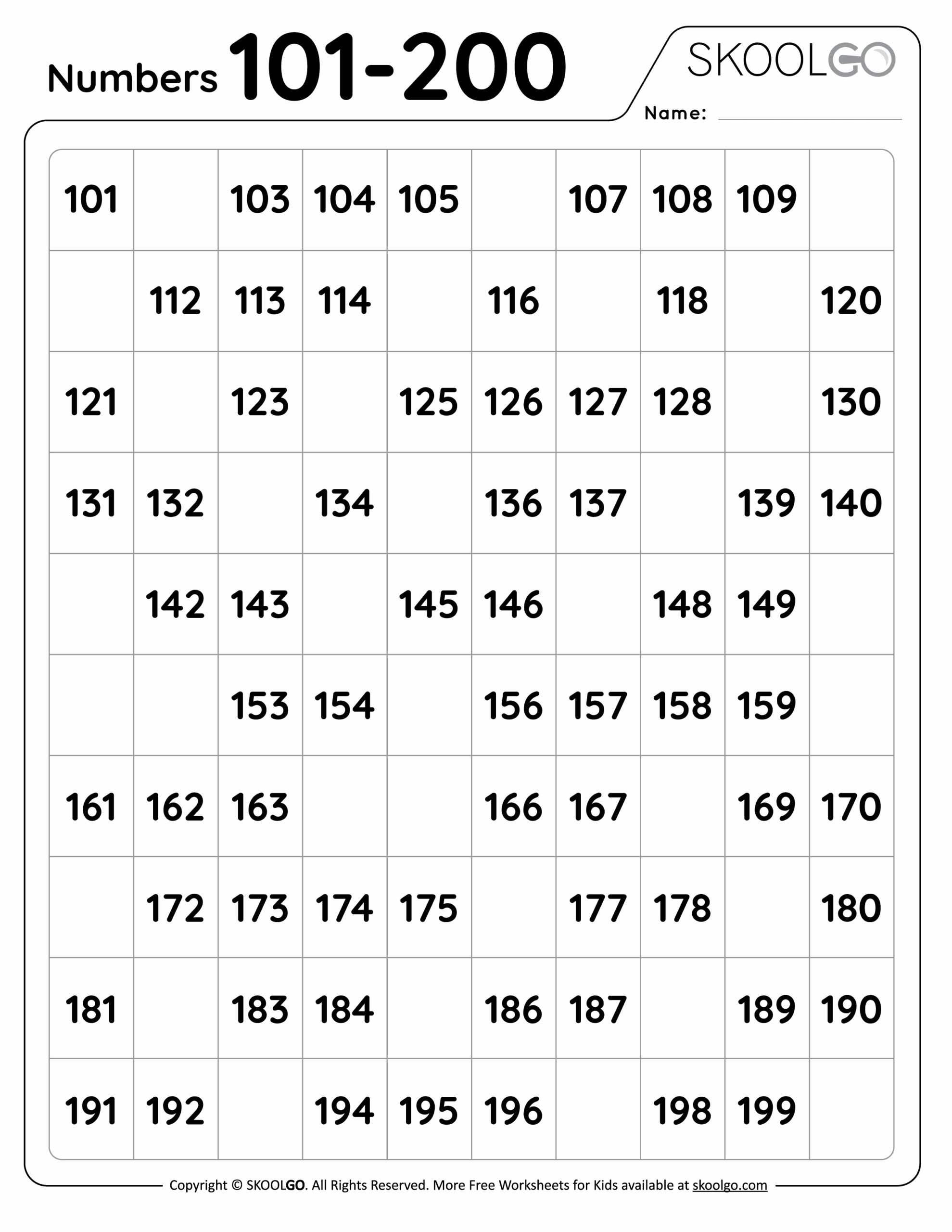 Numbers 101 To 200 Free Worksheet For Kids SKOOLGO Numbers 101 To 200 Free Worksheet For Kids SKOOLGO