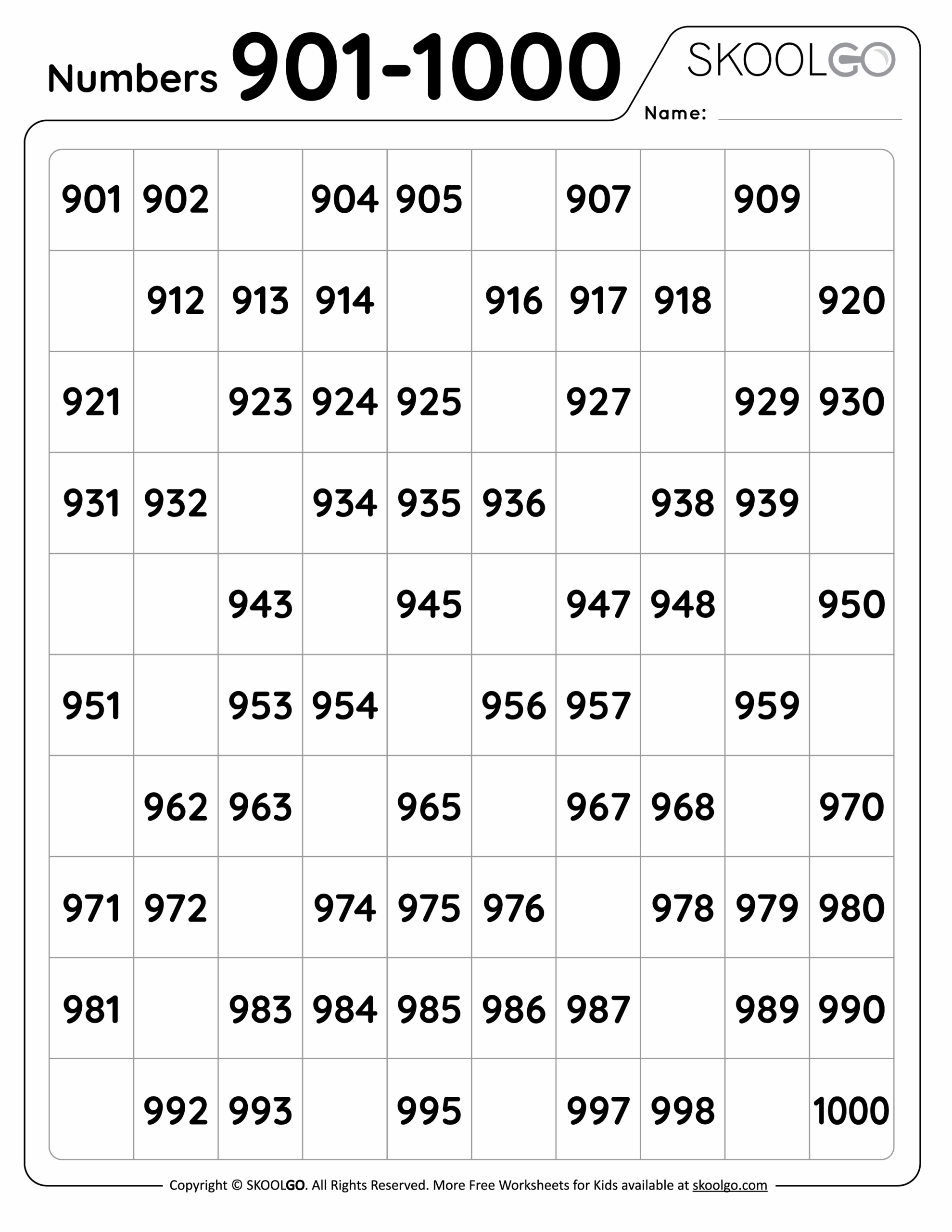 Numbers 901 To 1000 Free Worksheet For Kids SKOOLGO