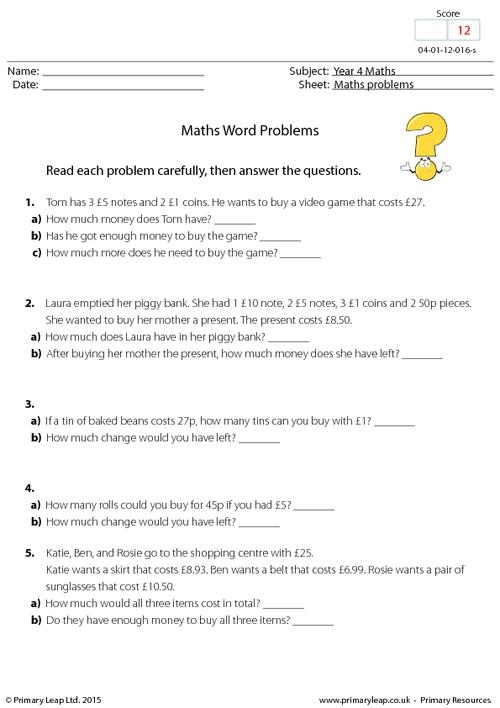 Numeracy Maths Word Problems Worksheet PrimaryLeap co uk