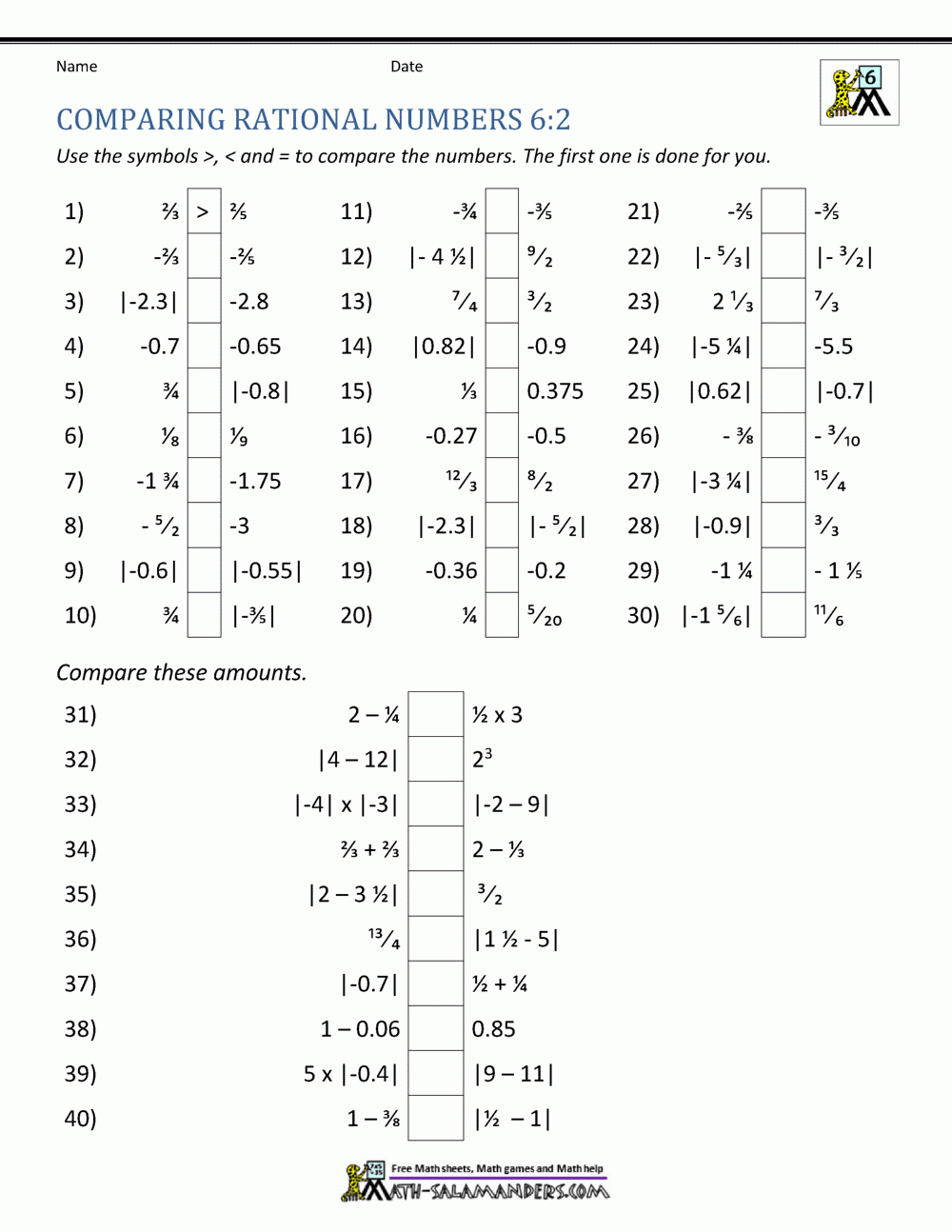 Ordering And Comparing Rational Numbers Worksheets Library