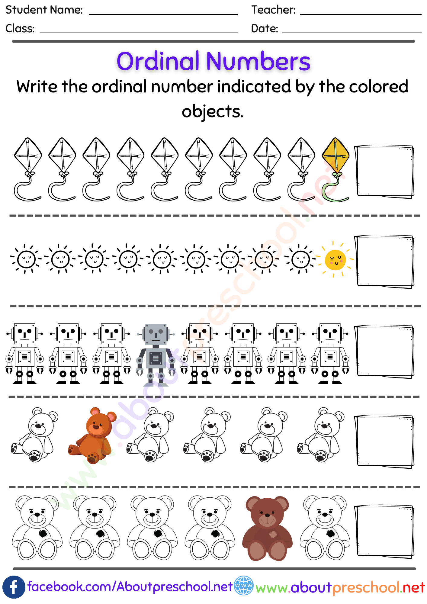 Ordinal Numbers Worksheet For Kindergarten And Grade 1