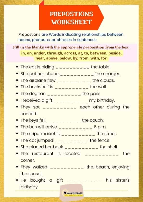 Parts Speech Worksheets Preposition Worksheets Worksheets Library