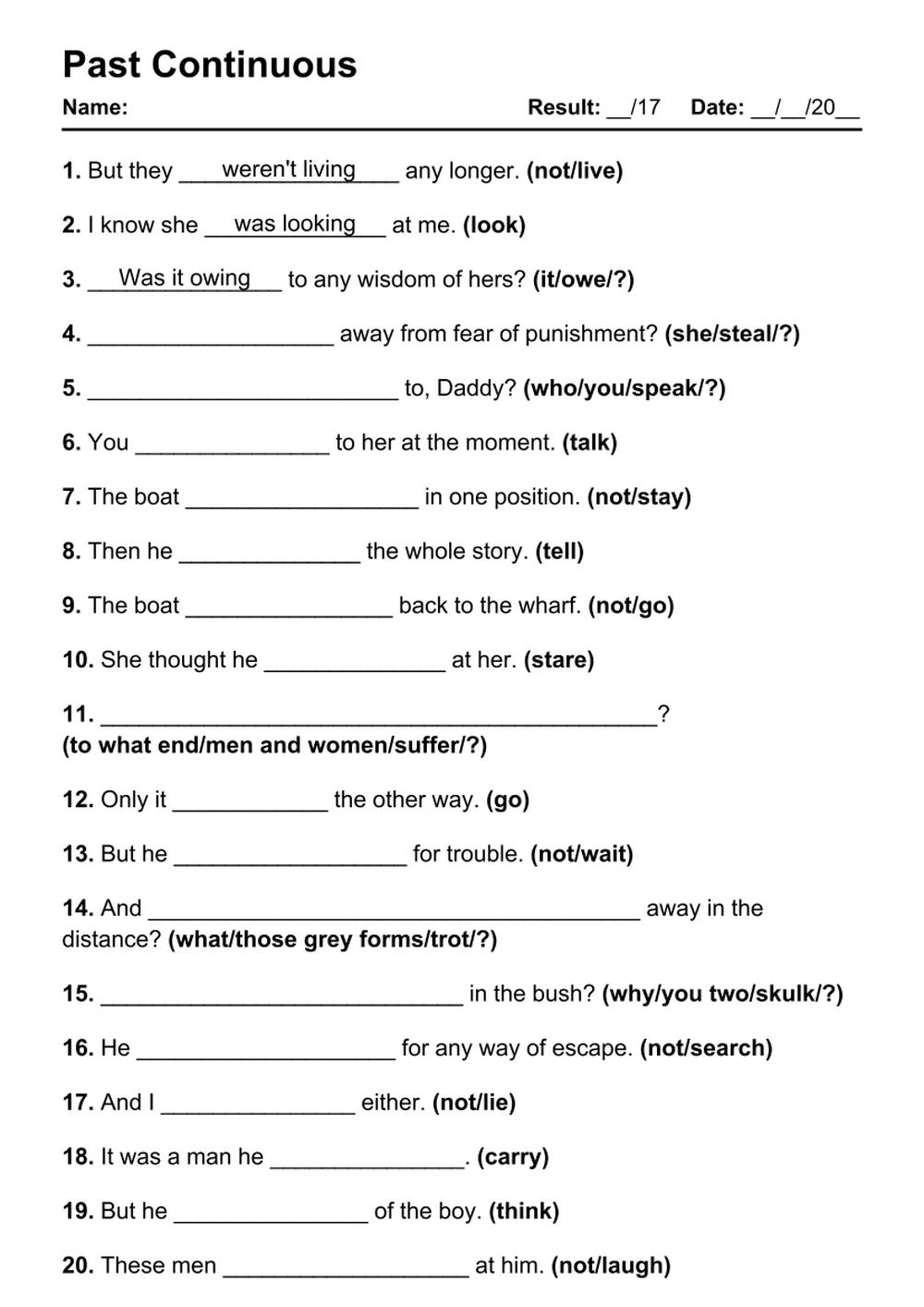 Past Continuous Tense Worksheet With Answers 59 OFF