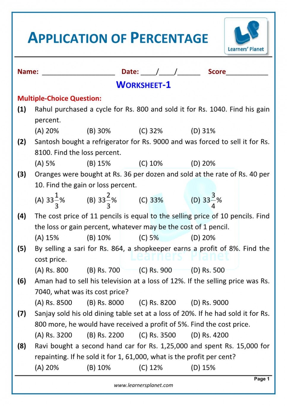 Percentage Worksheet For Grade 8 Pdf Printable PDF Template