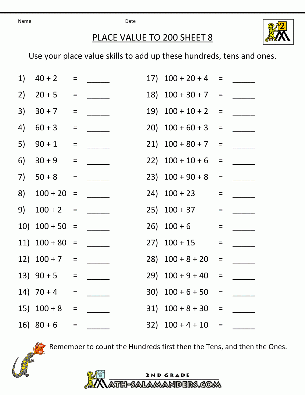 Place Value Worksheet Numbers To 200