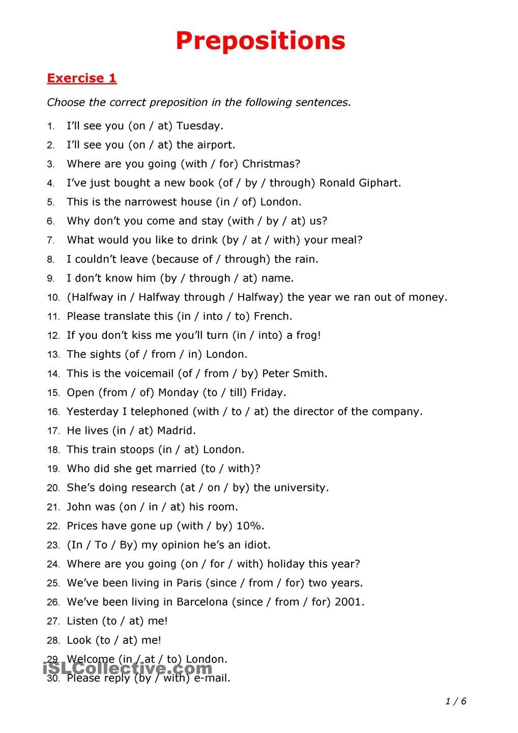 Preposition Class 8 Worksheet With Answers