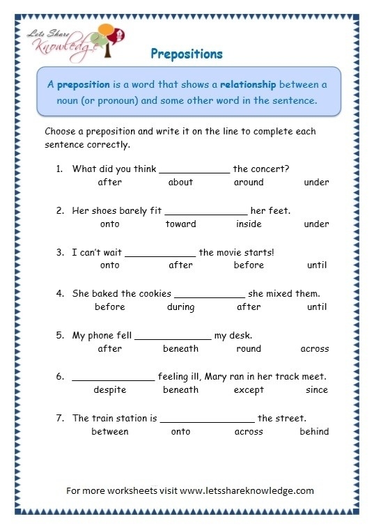 Preposition Worksheet And Answers