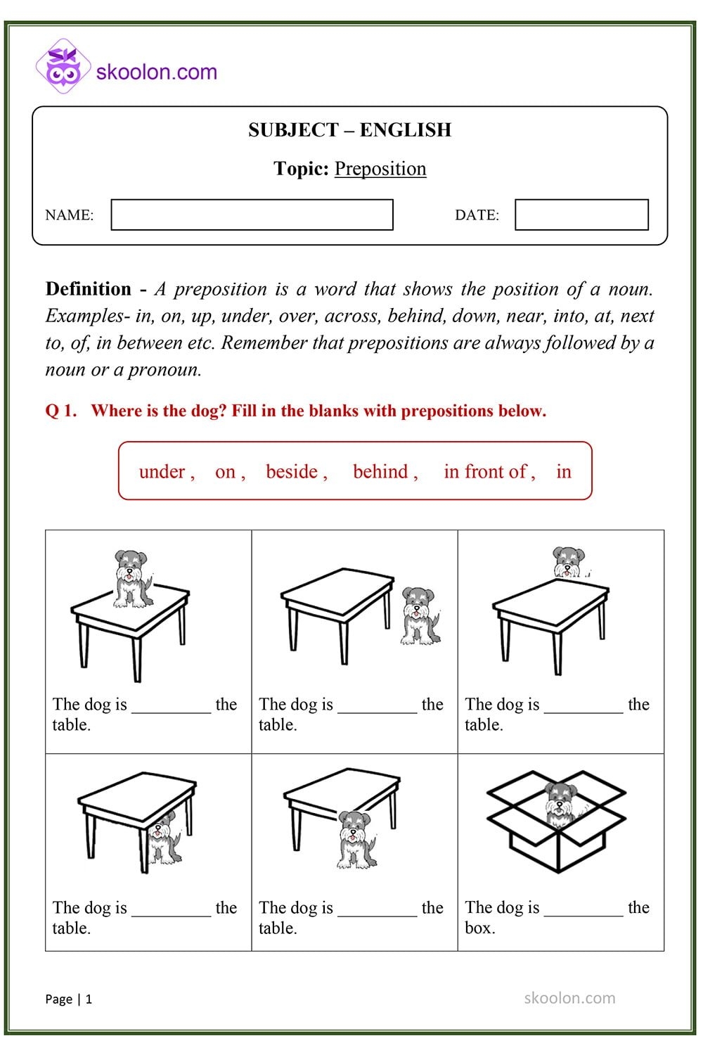 Prepositions 1 Skoolon Prepositions 1 Skoolon