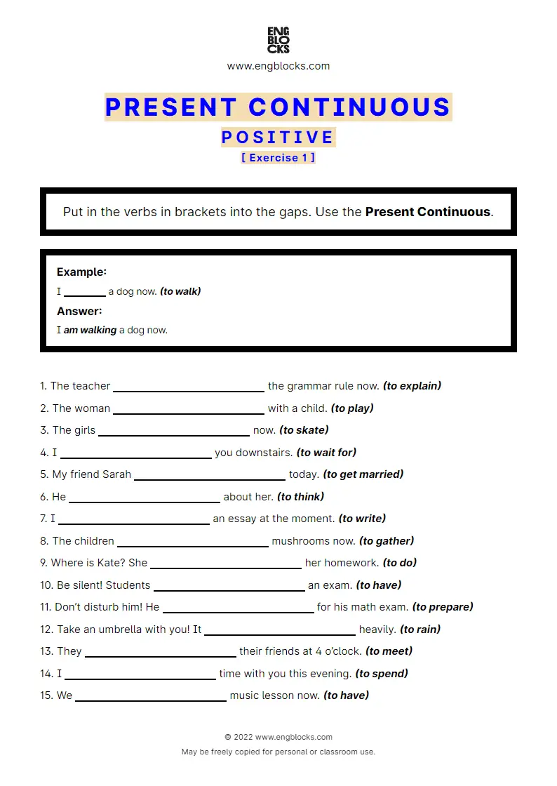 Present Continuous Positive ESL Worksheets