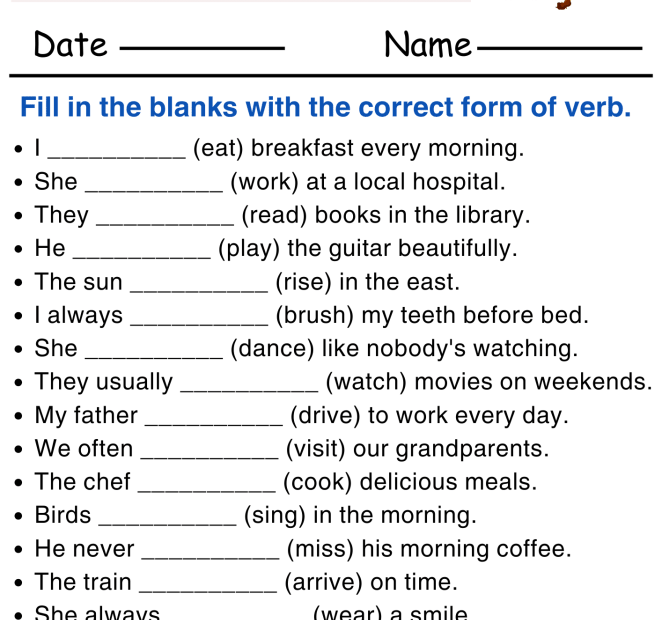 Present Indefinite Tense Worksheet Fill In The Blanks With Correct Form