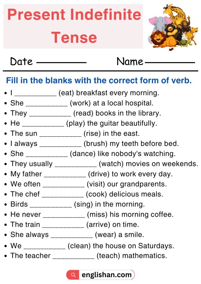 Present Indefinite Tense Worksheet Fill In The Blanks With Correct Form 