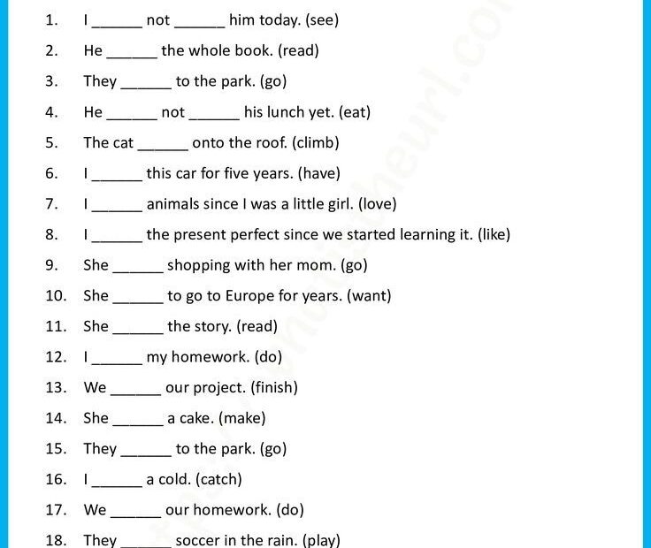 Present Perfect Tense Form Of Verbs Worksheet
