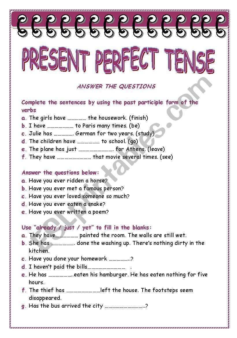 Present Perfect Tense Worksheet Prntbl concejomunicipaldechinu gov co
