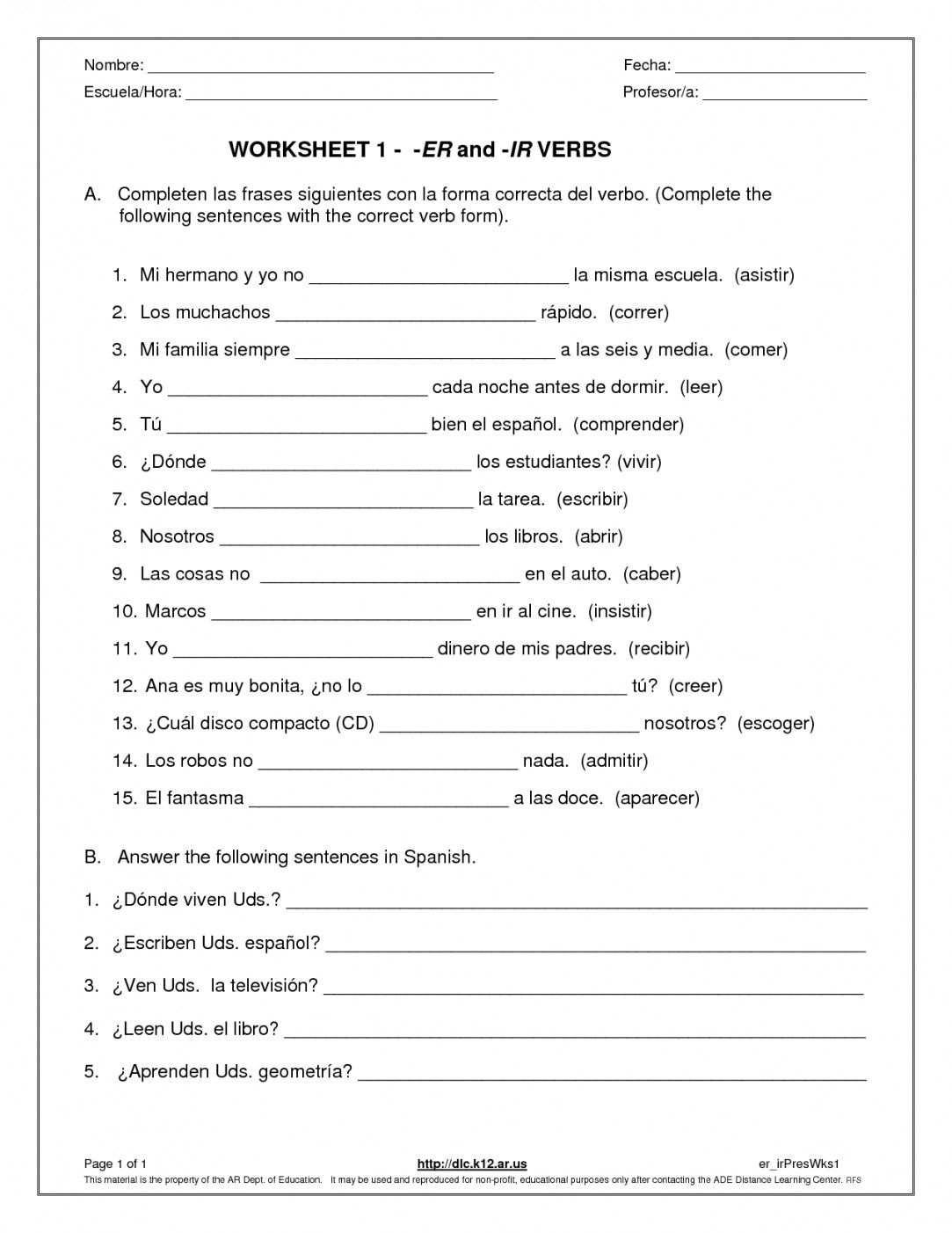 Printable Spanish Worksheets