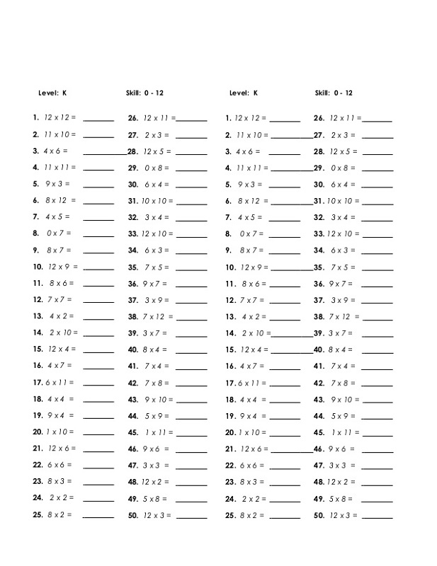 Printable Times Tables Worksheets 1 12