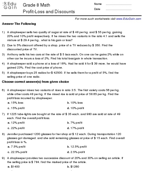 Profit And Loss Maths Worksheets