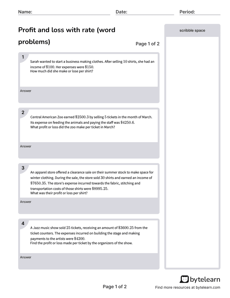 Profit And Loss With Rate Word Problems Worksheets PDF 7 NS A 1 