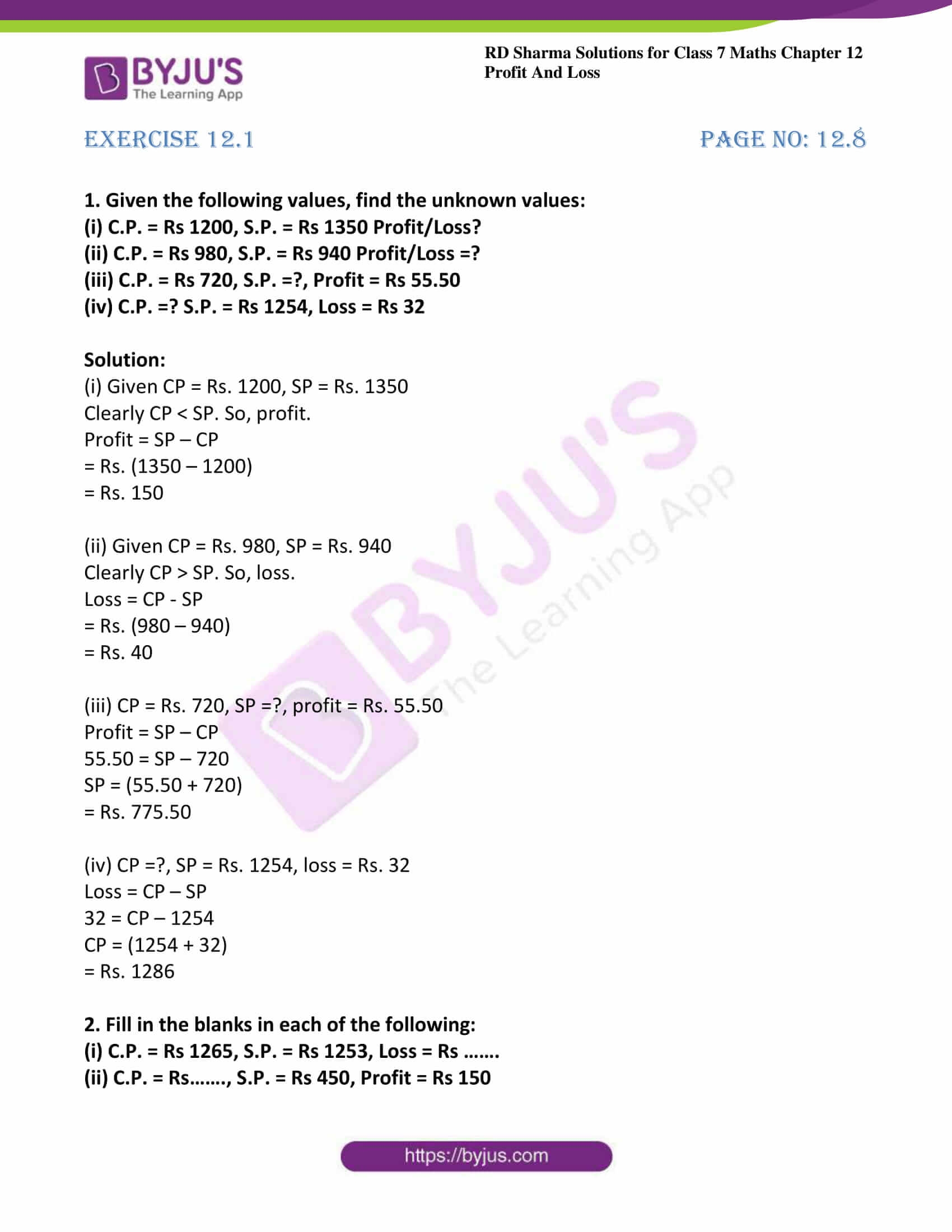 Profit And Loss Worksheet For Class 5