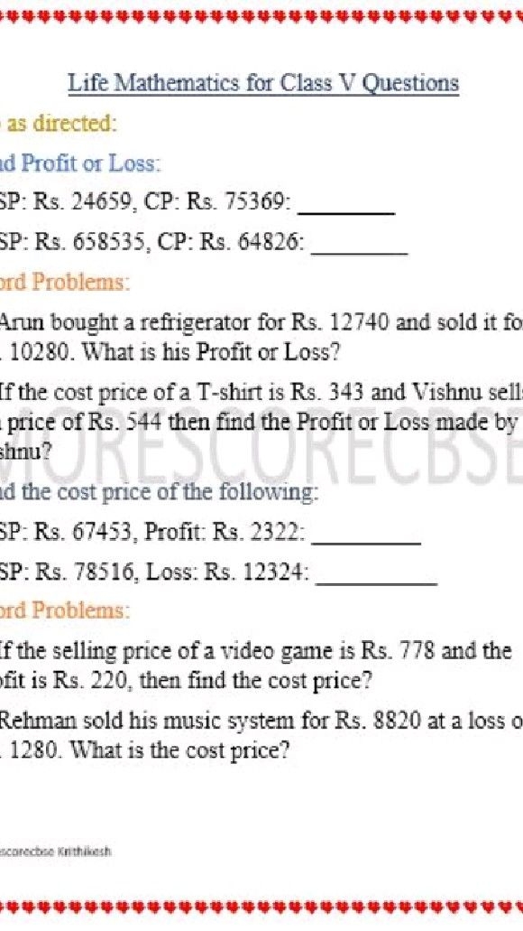 Profit And Loss Worksheet For Class 6
