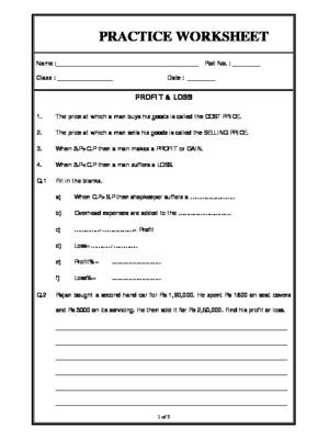 Profit And Loss Worksheet For Class 8 Pdf