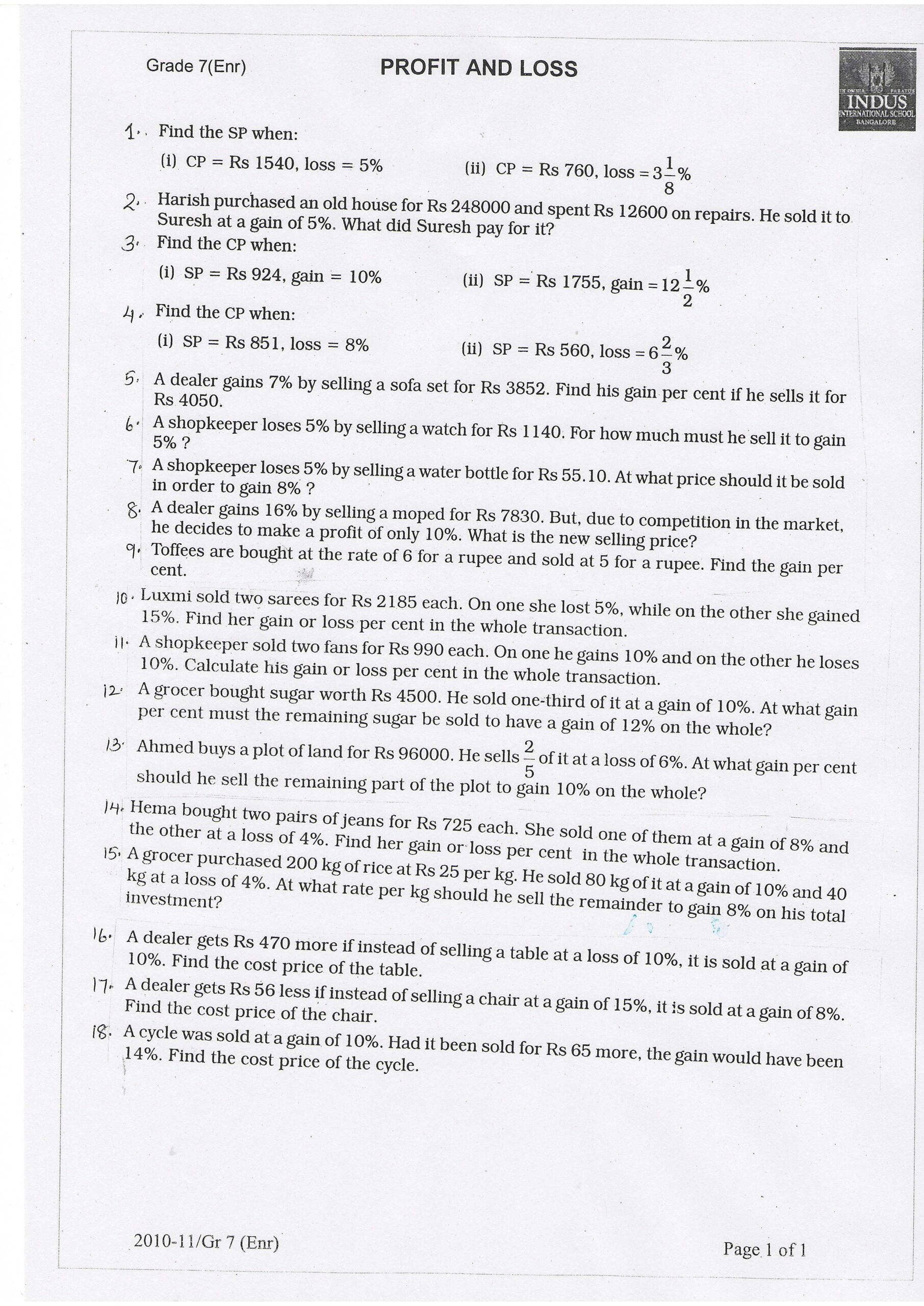 Profit And Loss Worksheets For Class 7