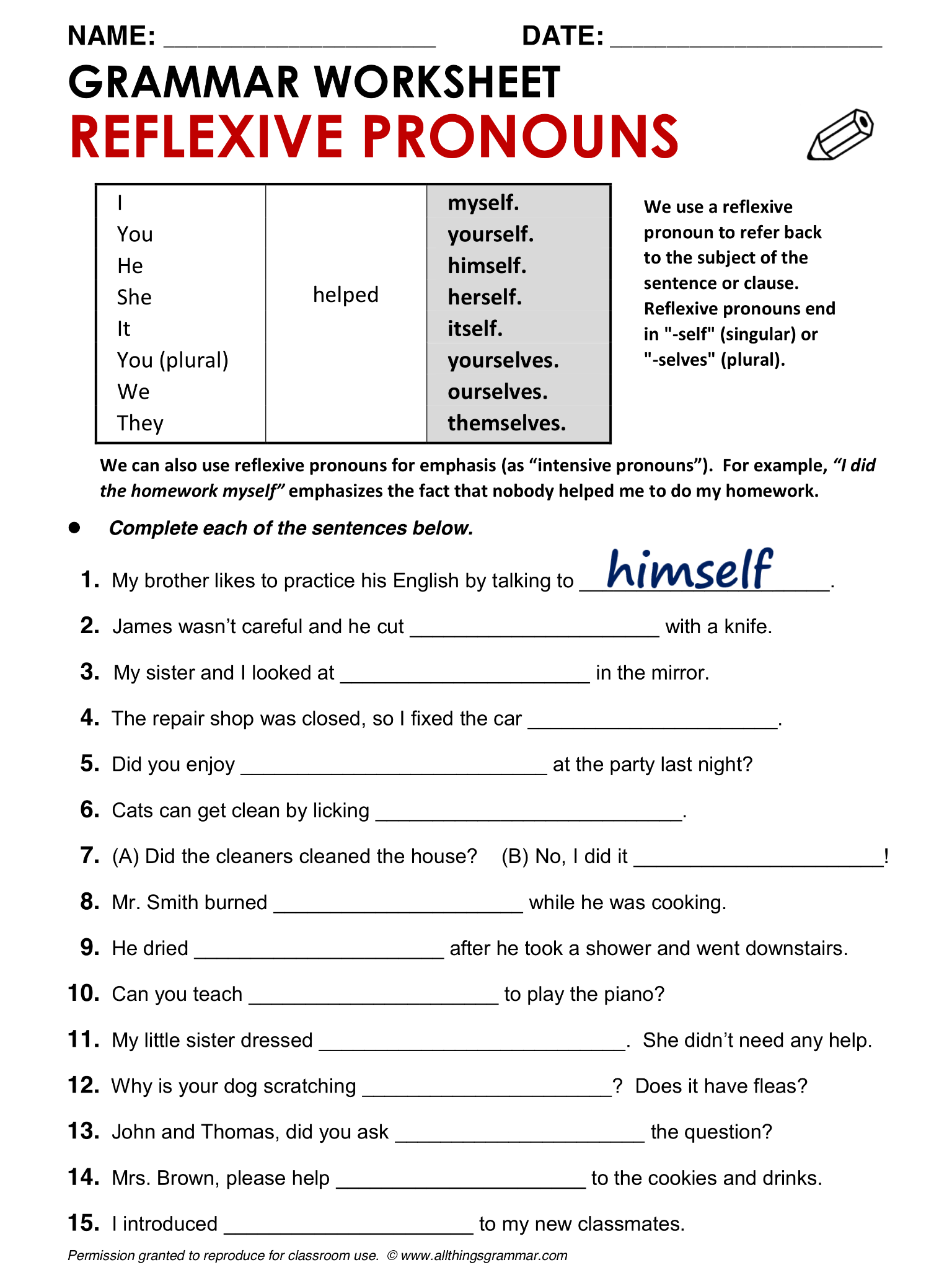 Pronoun Worksheet For Class 1 English Grammar