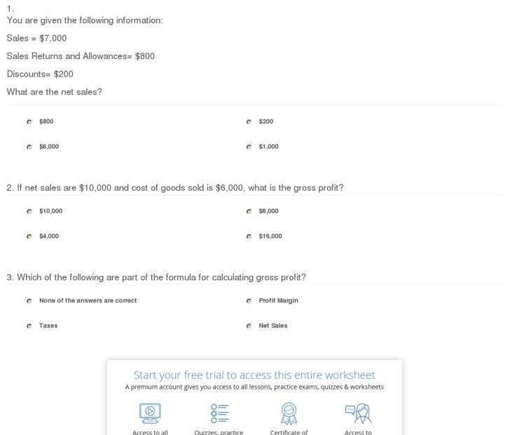Quiz Worksheet Calculating Gross Profit Study Db excel