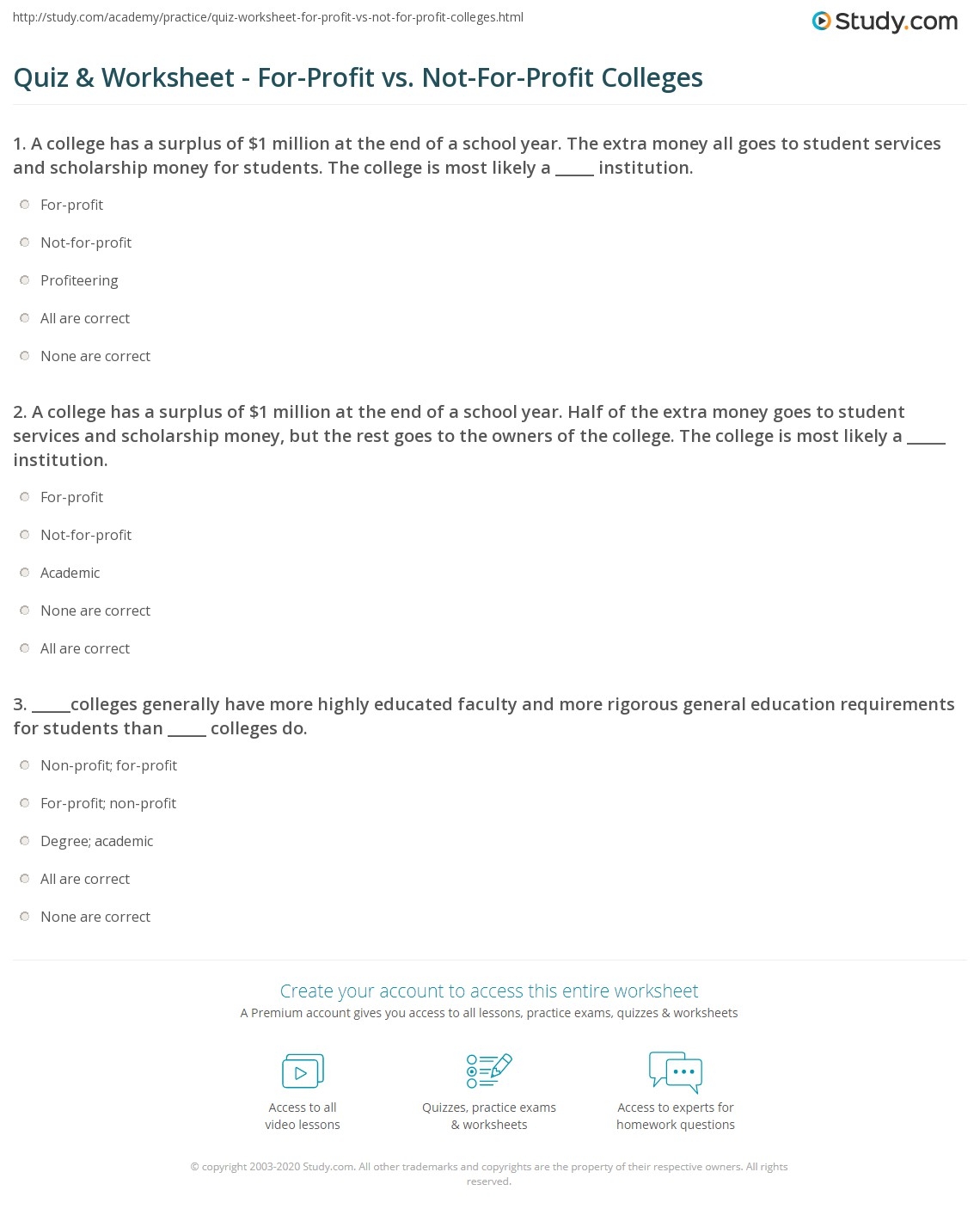 Quiz Worksheet For Profit Vs Not For Profit Colleges Study 