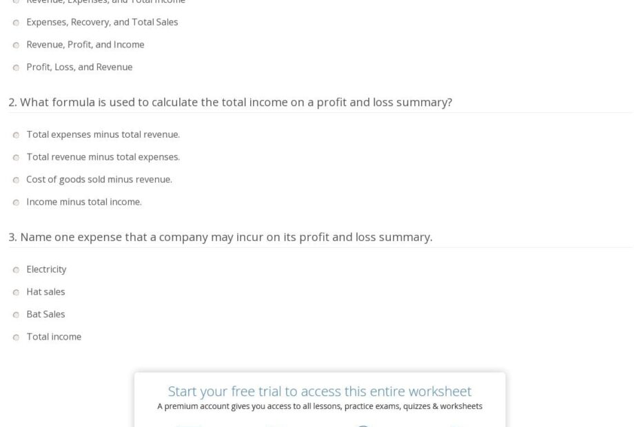 Quiz Worksheet Preparing A Profit Loss Summary Study Db excel