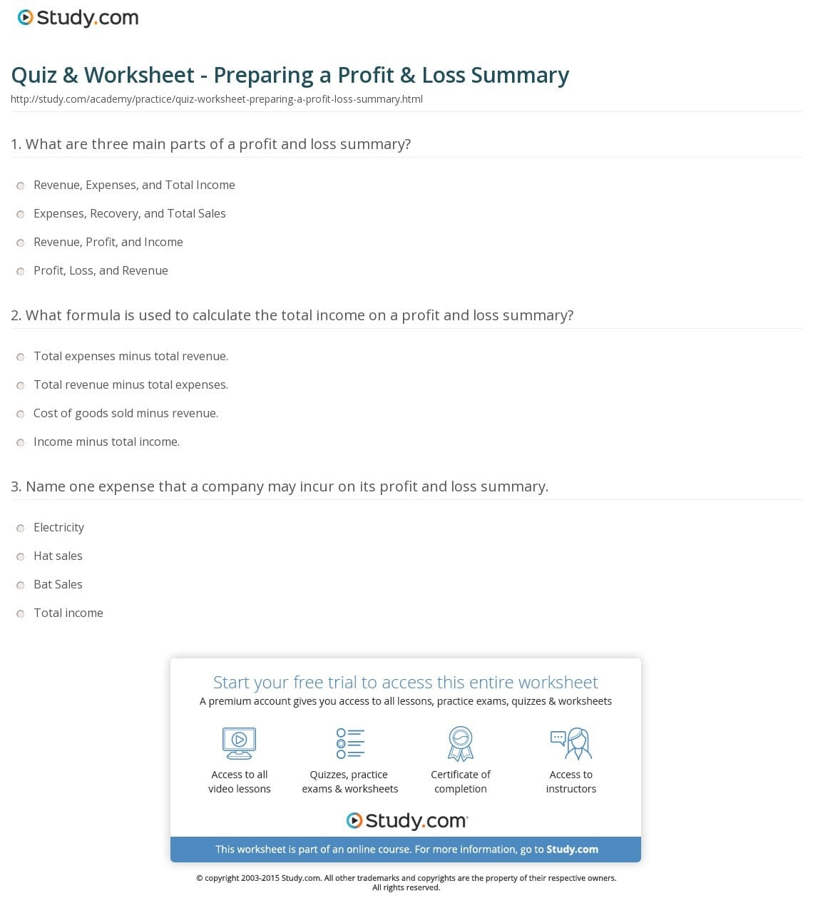 Quiz Worksheet Preparing A Profit Loss Summary Study Db excel