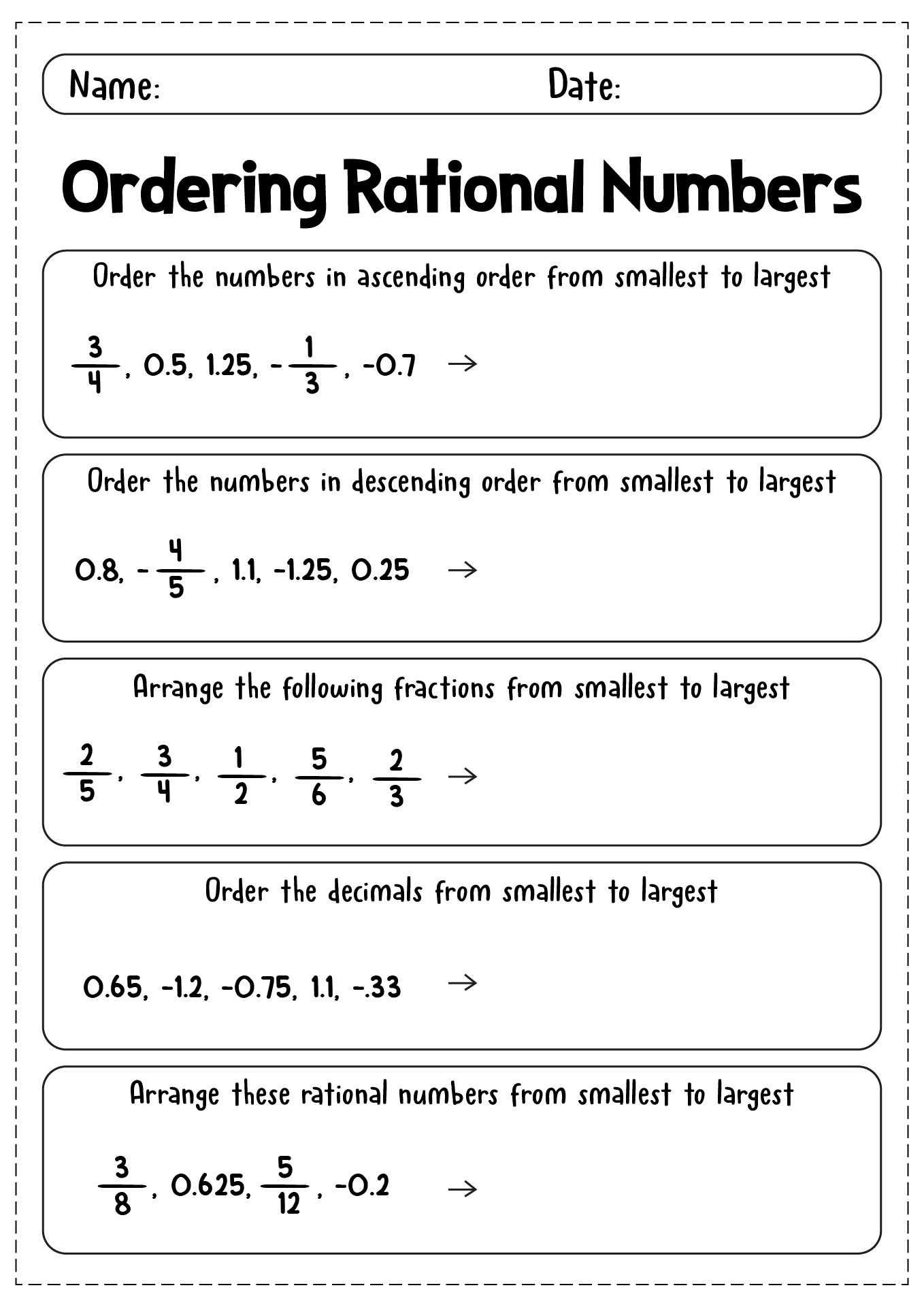 Rational Number Order Of Operations Worksheet Rational Number Order Of Operations Worksheet