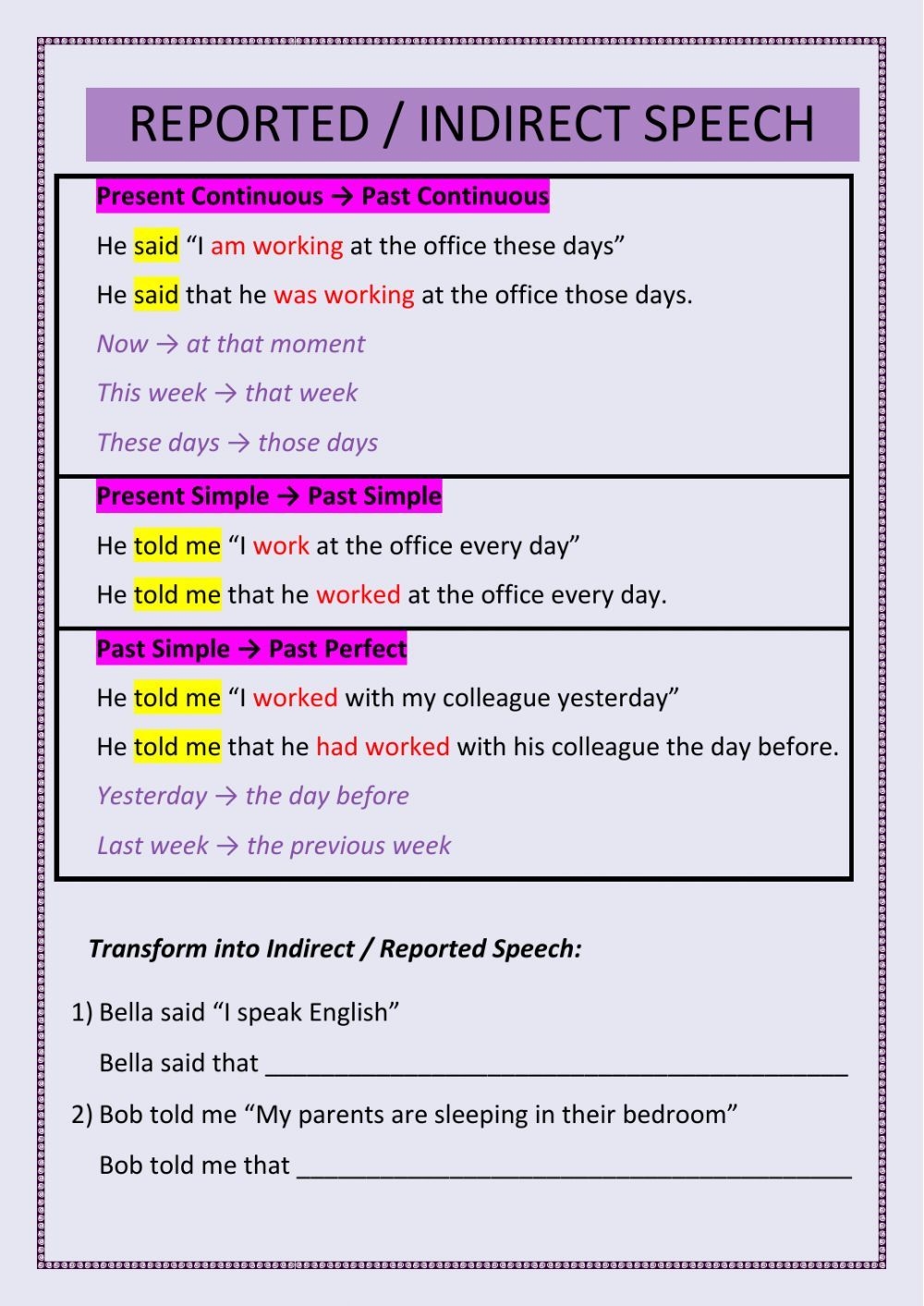 Reported Indirect Speech Worksheet