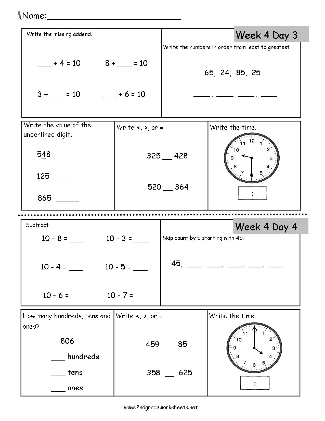 Second Grade Math Review Worksheets