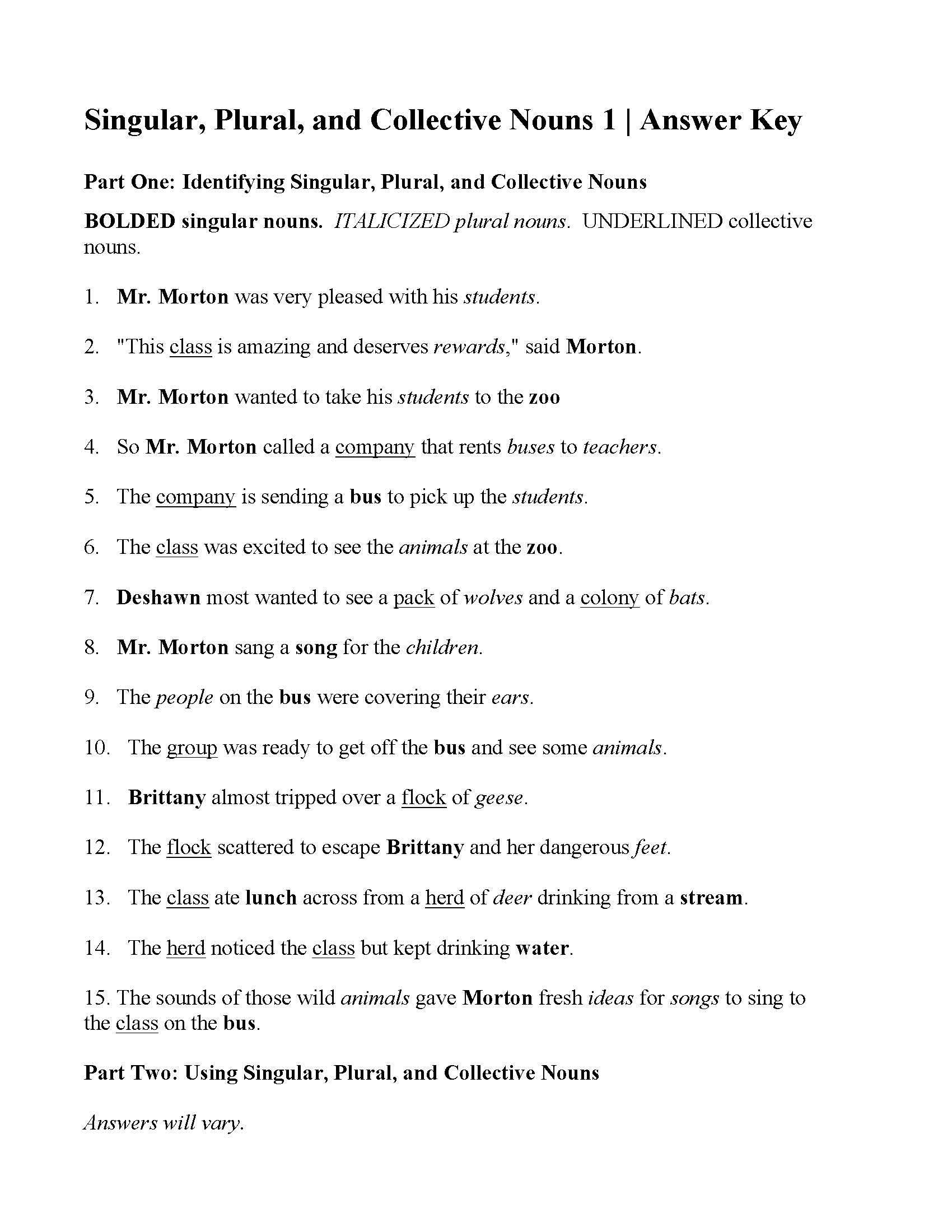 Singular Plural And Collective Nouns Worksheet Answers