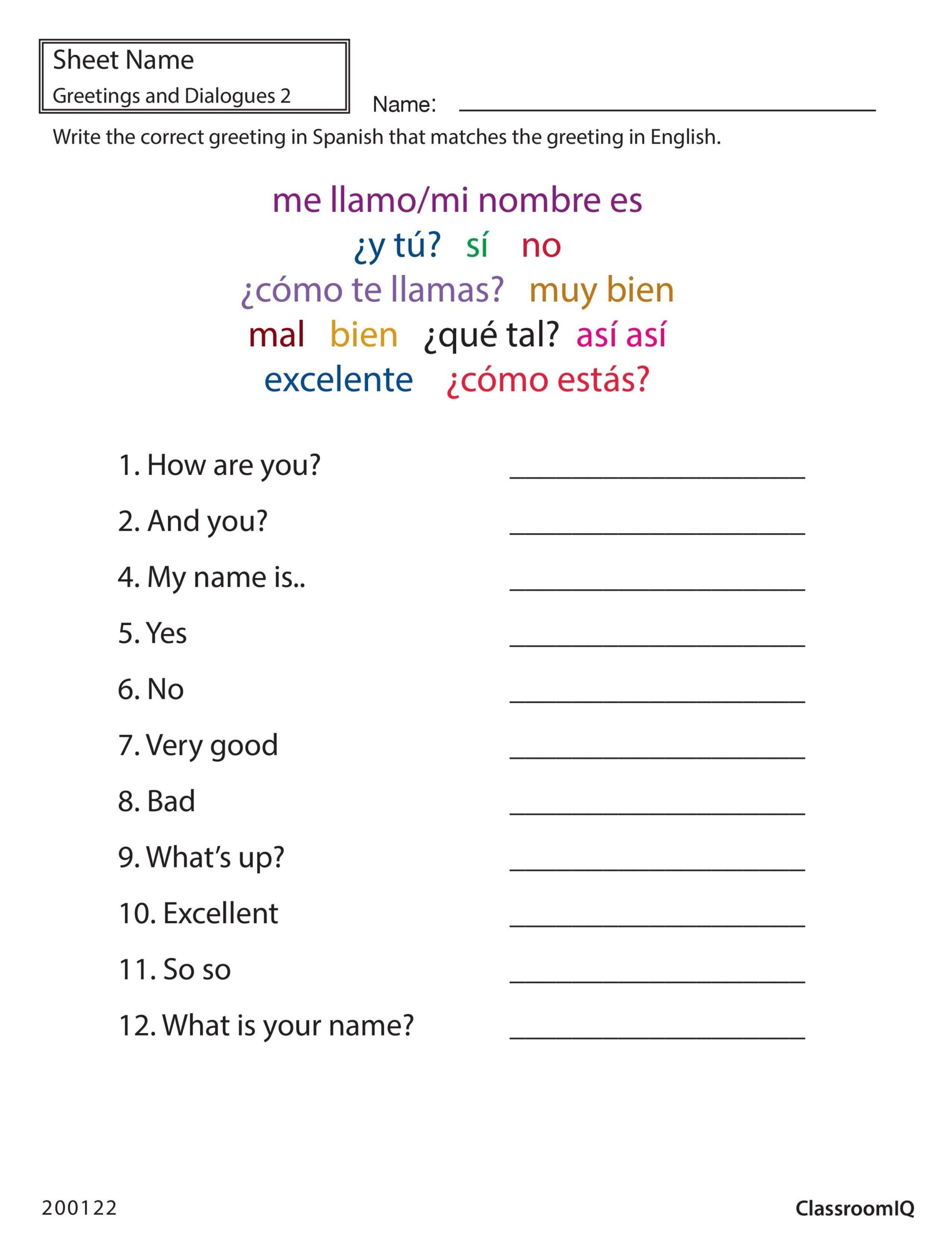 Spanish Greetings classroomiq spanishworksheets newteachers 