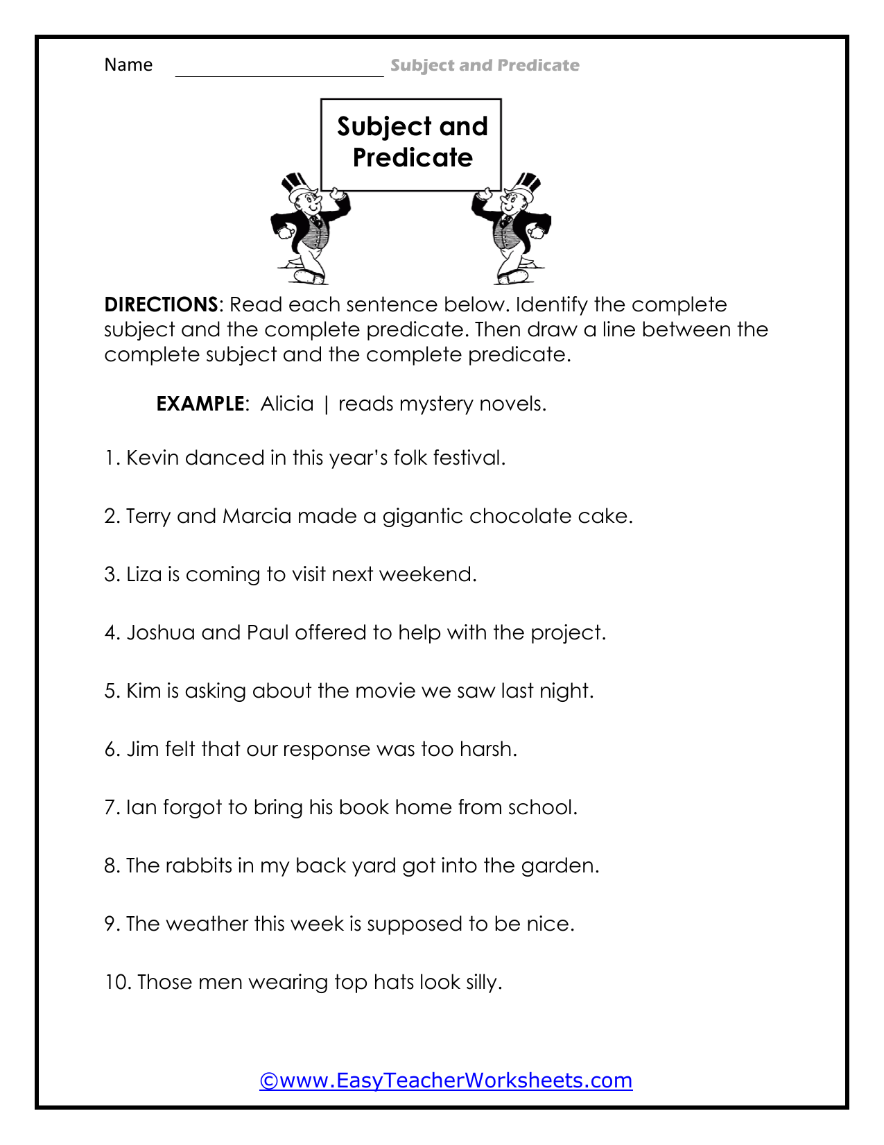 Subject And Predicate Worksheet E streetlight