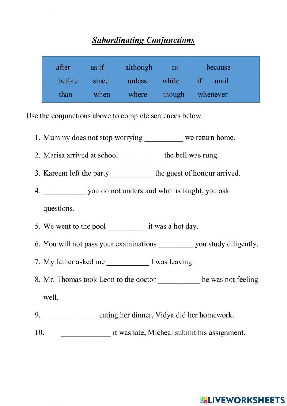 Subordinating Conjunctions PDF Form FormsPal Worksheets Library